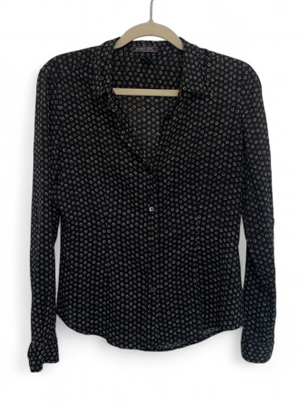 SILK! Vintage Harrold's  Black Printed Long-Sleeve Button-Up Shirt